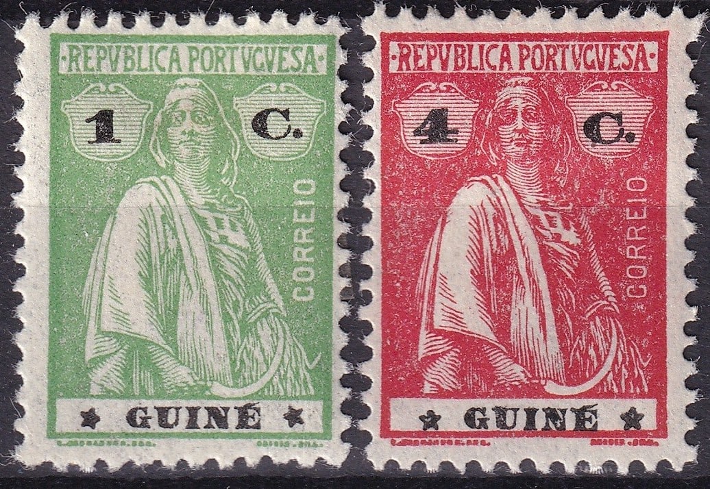 Portuguese Guinea 1914 Ceres Issue 1c Green & 4c Red MNH (Michel GZ 82, 85): Offered here are two fine mint never hinged examples from the iconic Ceres series of Portuguese Guinea, issued in 1914 following the proclamation of the Portuguese Republic. The stamps depict the alle