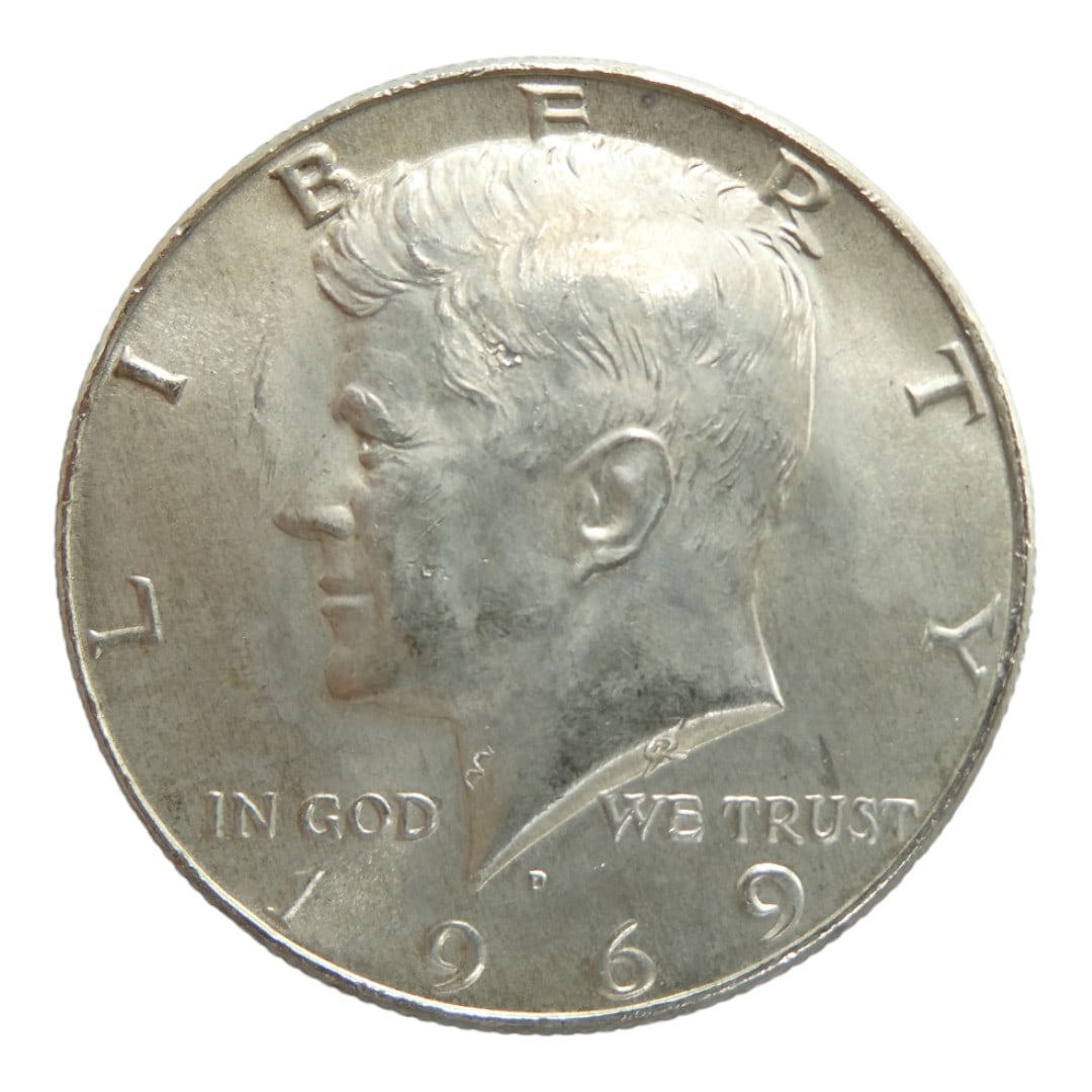 U.S. 1969-D Kennedy Half Dollar, 40% Silver, Prooflike Finish: The 1969-D Kennedy Half Dollar marks the penultimate year of the 40% silver issues struck for circulation following the Coinage Act of 1965, which reduced silver content from 90% to 40%. Minted in Den