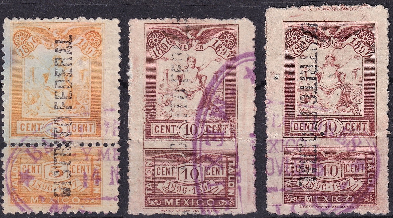 1896–1897 Mexico Revenue Stamps 5c & 10c, Federales OVP Scott Mexico RM333, 335, 336: This trio of 1896–1897 Mexican revenue stamps includes two 10 centavos and one 5 centavos denomination, each issued by the Dirección Federal de Rentas during the late Porfirian era and overprinted 