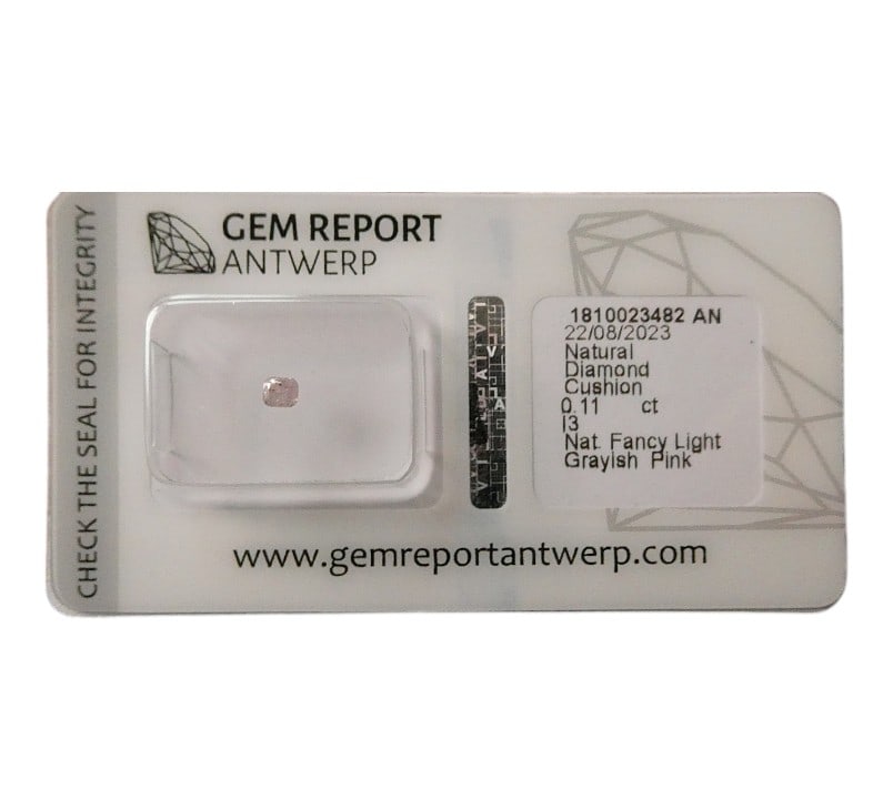 Natural 0.11 ct Cushion-Cut Fancy Light Grayish Pink Diamond, Antwerp: An exquisite natural fancy colored diamond of notable rarity and charm, this cushion-cut specimen weighing 0.11 carats was professionally certified by Gem Report Antwerp on August 22, 2023. Measuring 