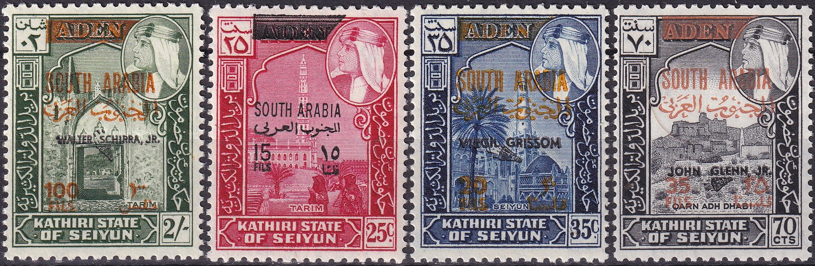 Kathiri State of Seiyun 1967 “American Astronauts?? Overprints Set (Scott 118–121): Issued in 1967 under the waning British Protectorate of Aden, this remarkable commemorative set from the Kathiri State of Seiyun presents one of the final issues before the establishment of the People