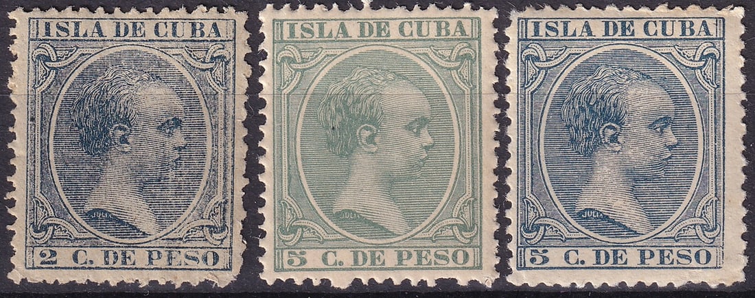 Cuba 1890–1896 King Alfonso XIII Issue, Scott CU 143, CU 144, CU 146: A fine trio of classic Cuban issues depicting the youthful portrait of King Alfonso XIII, issued under Spanish colonial administration between 1890 and 1896. Included are the 2 centavos de peso dark b