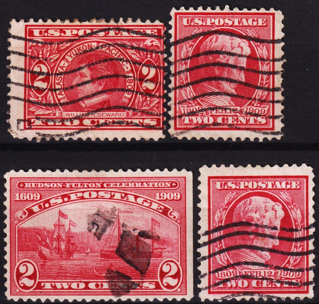 1909 U.S. 2 Cent Commemoratives, Alaska-Yukon, Lincoln & Hudson-Fulton: A well-preserved group of four red 2-cent commemorative stamps from the United States, all issued in 1909 to honor notable American anniversaries and achievements. The first stamp, depicting William H