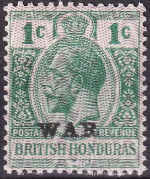 1916 British Honduras King George V 1c Green WAR Tax Overprint MNH: This rare 1916 British Honduras 1 cent green stamp was issued during the reign of King George V and features the distinctive WAR overprint, applied as part of the colony’s fiscal contribution during