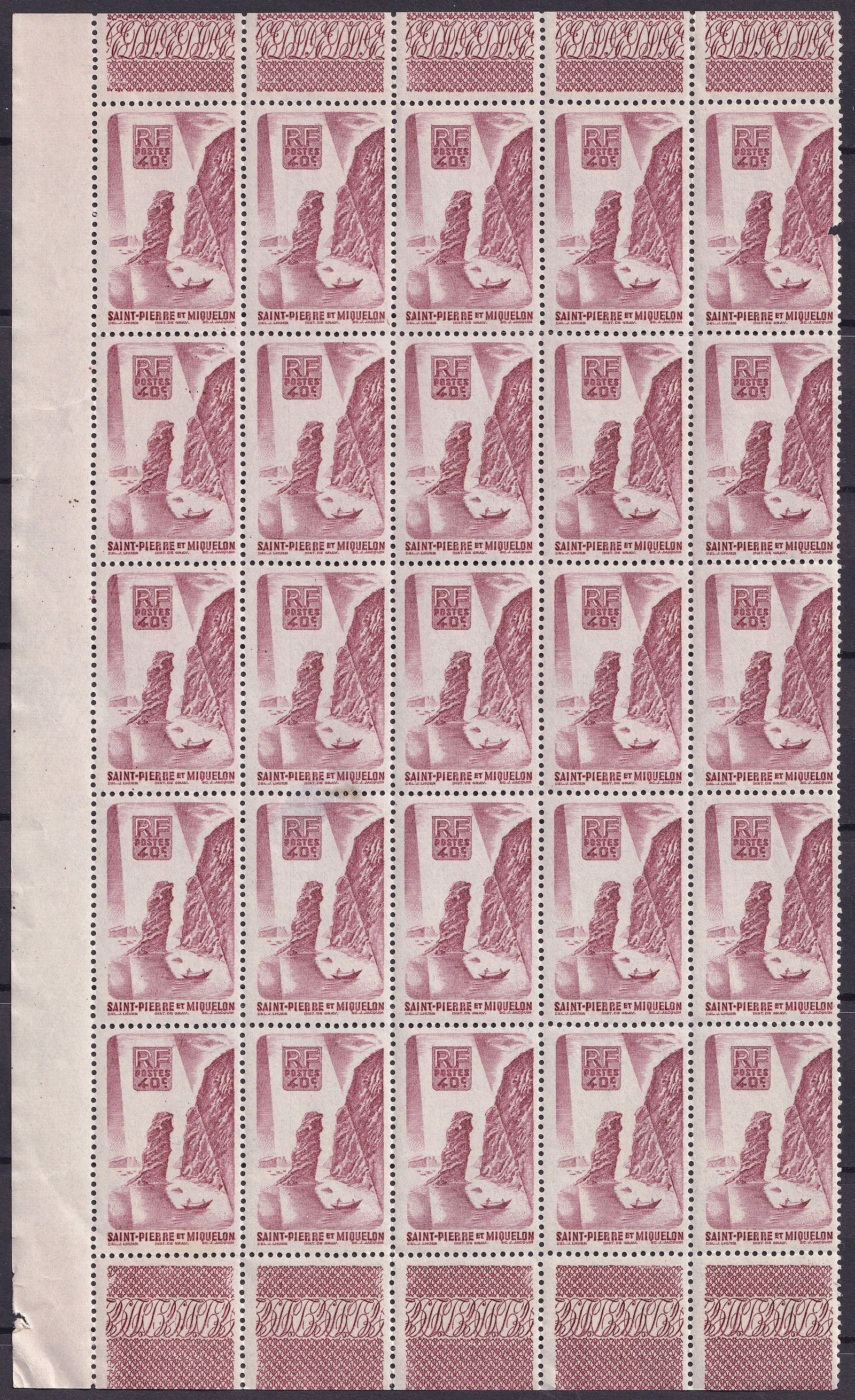 Saint Pierre Miquelon 1947 Scott 326 40c Coastal Cliffs Sheet MNH: Saint Pierre and Miquelon 1947 definitive issue 40 centimes dark violet stamp Scott 326 corresponding to Michel PM 349 Yvert 327 and Stanley Gibbons 363 issued 6 October 1947 printed by Institut de Gr