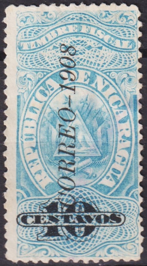 1908 Nicaragua 10 Centavos Blue Overprint "CORREOS 1908", Scott 218b: Issued in June 1908, this 10 centavos stamp of Nicaragua was created by overprinting a fiscal revenue issue with the inscription "CORREOS – 1908" for postal use. Printed by Waterlow & Sons Ltd., Lon