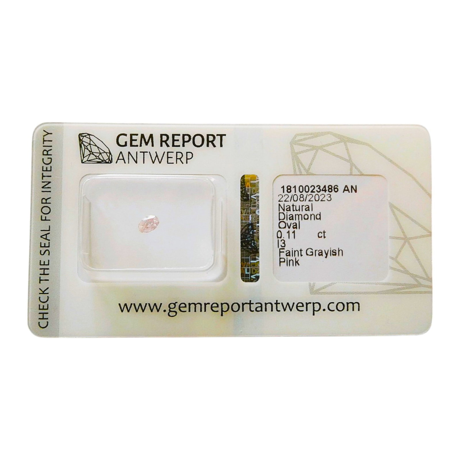 Faint Grayish Pink Diamond, Oval 0.11 ct, Gem Report Antwerp: Certified by Gem Report Antwerp under report number 1810023486 AN, this natural pink diamond is a rare collector?s gem dated 22 August 2023. Cut in an elegant oval shape, the diamond weighs 0.11 carat