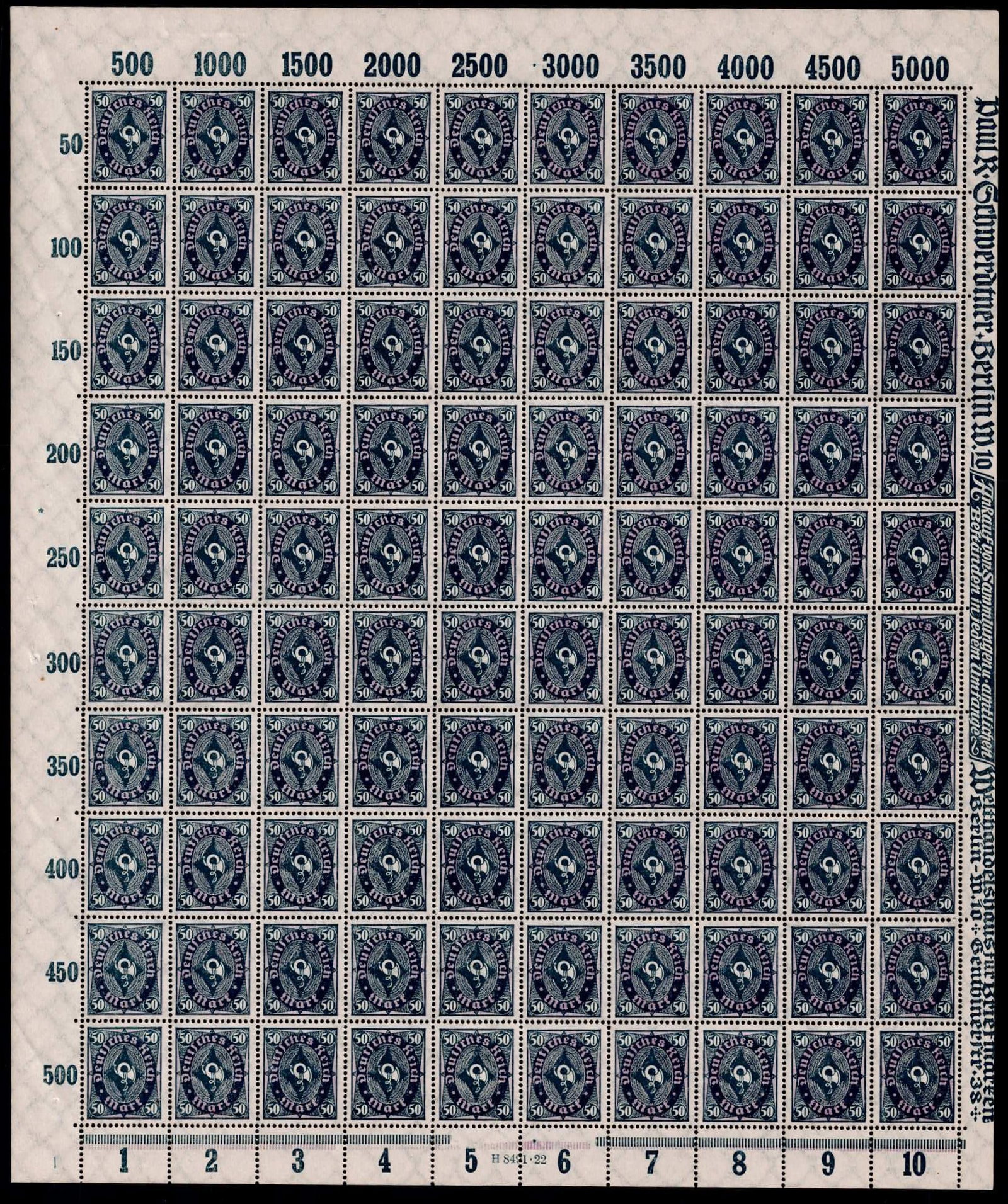 Germany German Reich 1922 Posthorn 50 Mark Michel DR 209Wb Full Sheet: This lot presents an impressive complete sheet of the German Reich definitive issue depicting the Posthorn motif, issued in December 1922 during the high-inflation period of the Weimar Republic. The d