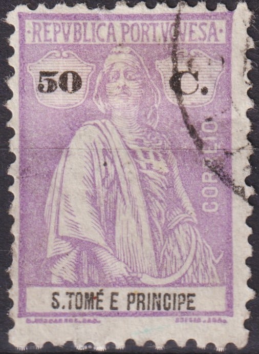 1926 Sao Tome & Príncipe “Ceres?? 50c Black on Violet Scott 233D: Fine example of the 1926 São Tomé & Príncipe “Ceres” issue, denomination 50 centavos black on violet, listed as Scott 233D / Michel ST 252 / Stanley Gibbons 303 / Yvert 264 / Afinsa 271. Pr