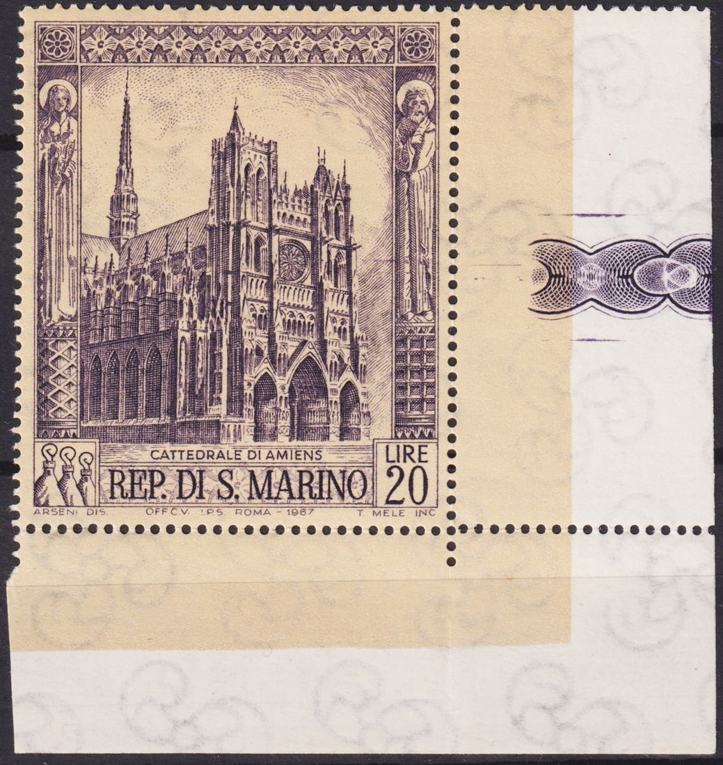 1967 San Marino 20 Lire Notre Dame Cathedral in Amiens Scott 671: This finely engraved commemorative stamp was issued by the Republic of San Marino on 21 September 1967 as part of the “European Gothic Cathedrals” series. Denominated 20 Lire and printed in vi