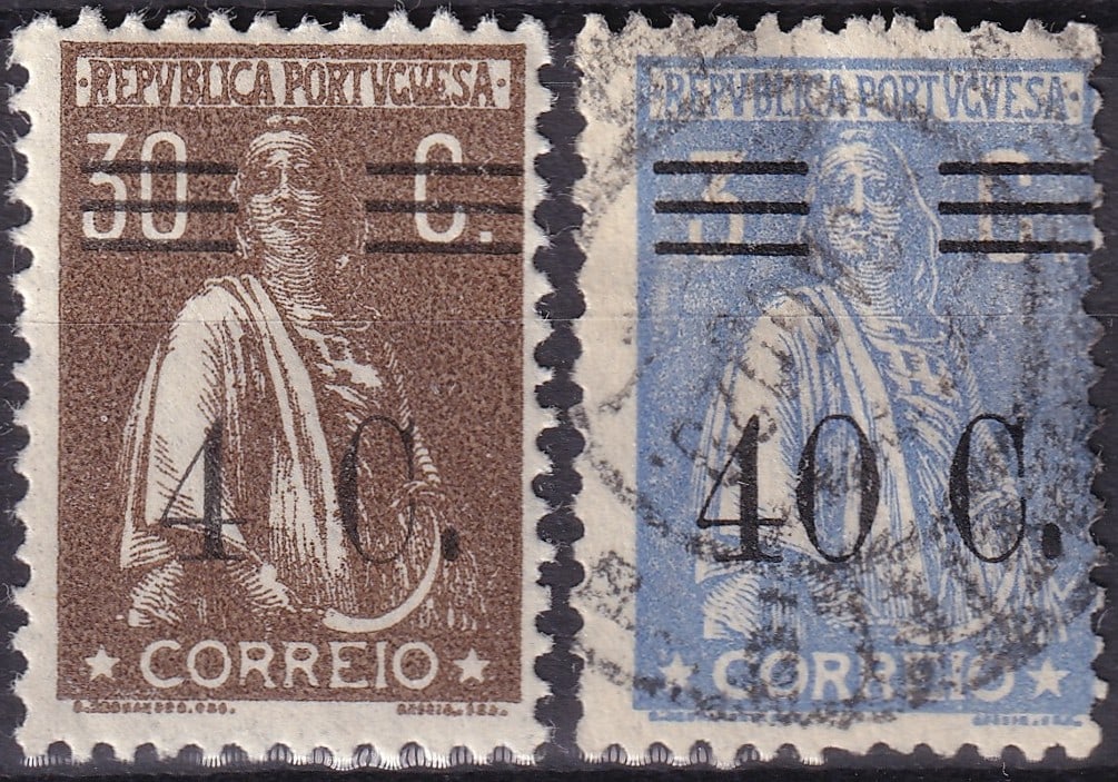 1928 Portugal Ceres Surcharged Michel PT 473 and PT 490: This lot comprises two classic definitive issues from the Portuguese Republic featuring the allegorical figure of Ceres from the 1928–1929 surcharged series, representing an important transitional p