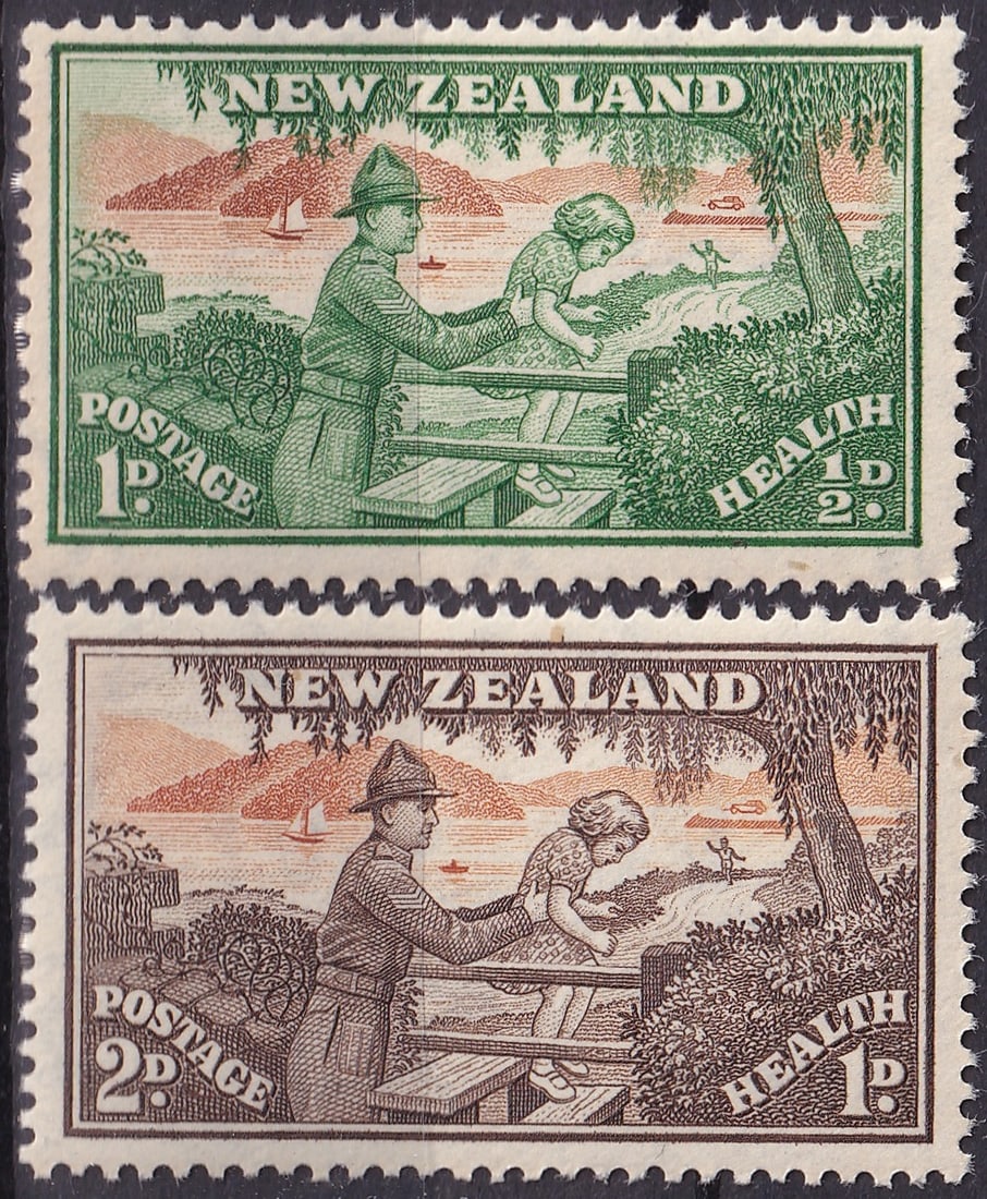 New Zealand 1939 Health Stamps Boy and Girl at Fence Scott B35–B36: Issued in 1939 by New Zealand as part of the annual Health Stamp series, this pair of engraved stamps (Scott B35–B36) reflects both the social and cultural values of the interwar period. The designs