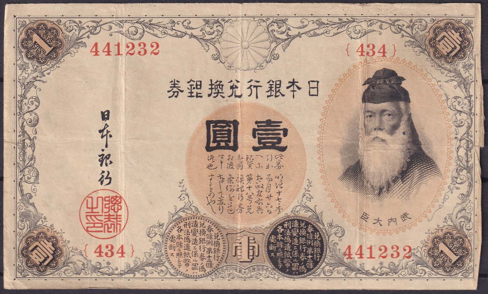 Japan 1 Yen 1885 Samurai Warrior Banknote Pick-17: Issued in 1885 during the Meiji era, this rare 1 Yen banknote is among the earliest issues of the Bank of Japan. The obverse features a portrait of Wake no Kiyomaro, a distinguished Nara period states