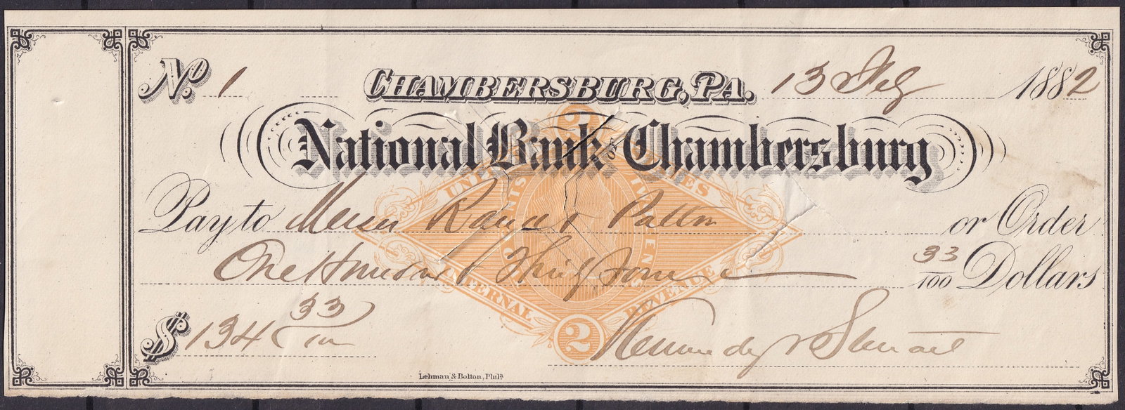 United States 1882 National Bank of Chambersburg Check RN-G1 Orange Revenue Imprint: A handsome and historically significant bank check issued by the National Bank of Chambersburg, Franklin County, Pennsylvania, dated December 13, 1882, featuring the bold orange two-cent U.S. Internal