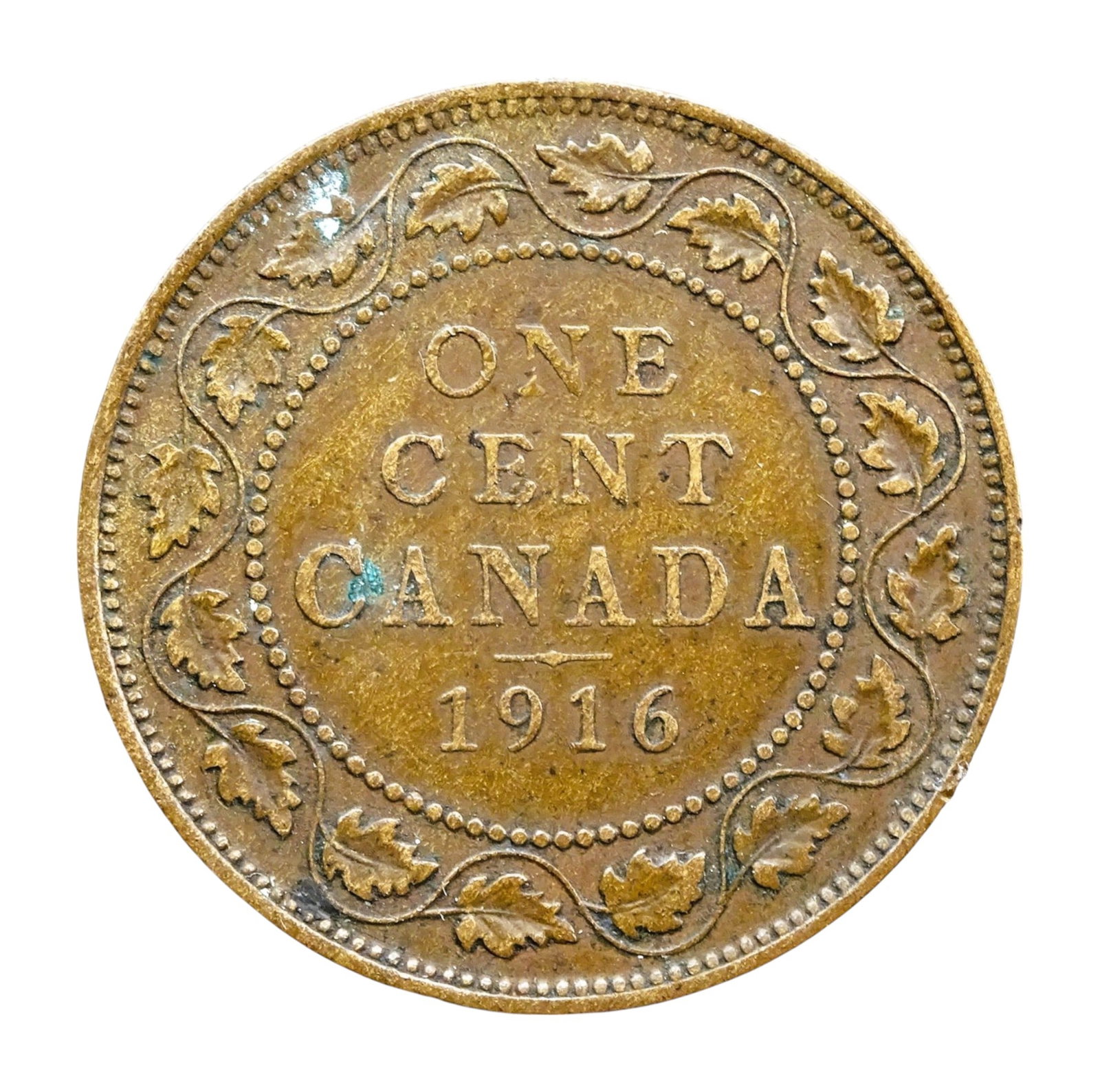 1916 Canada 1 Cent Bronze, George V, Large Penny: This is a Canadian one cent bronze coin minted in 1916 during the reign of King George V. The obverse features the crowned bust of George V facing left, surrounded by the Latin inscription "GEORGIVS V