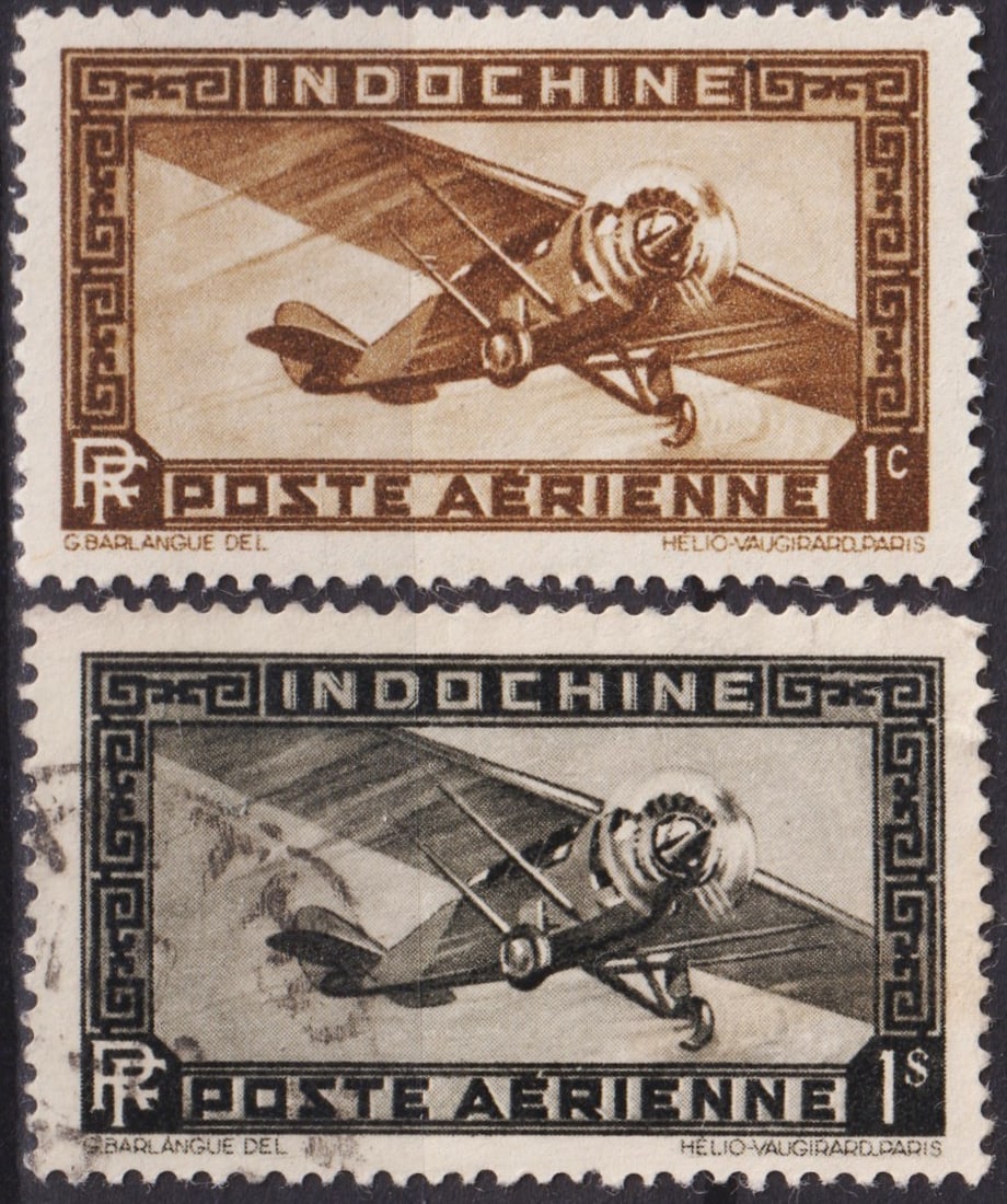 1933 French Indochina Airmail 1c Brown & 1p Black Plane, Scott C1 & C14: Issued on June 1, 1933, these striking airmail stamps from French Indochina belong to the celebrated “Plane and RF Monogram” series, designed by Gabriel-Antoine Barlangue and printed by Hélio