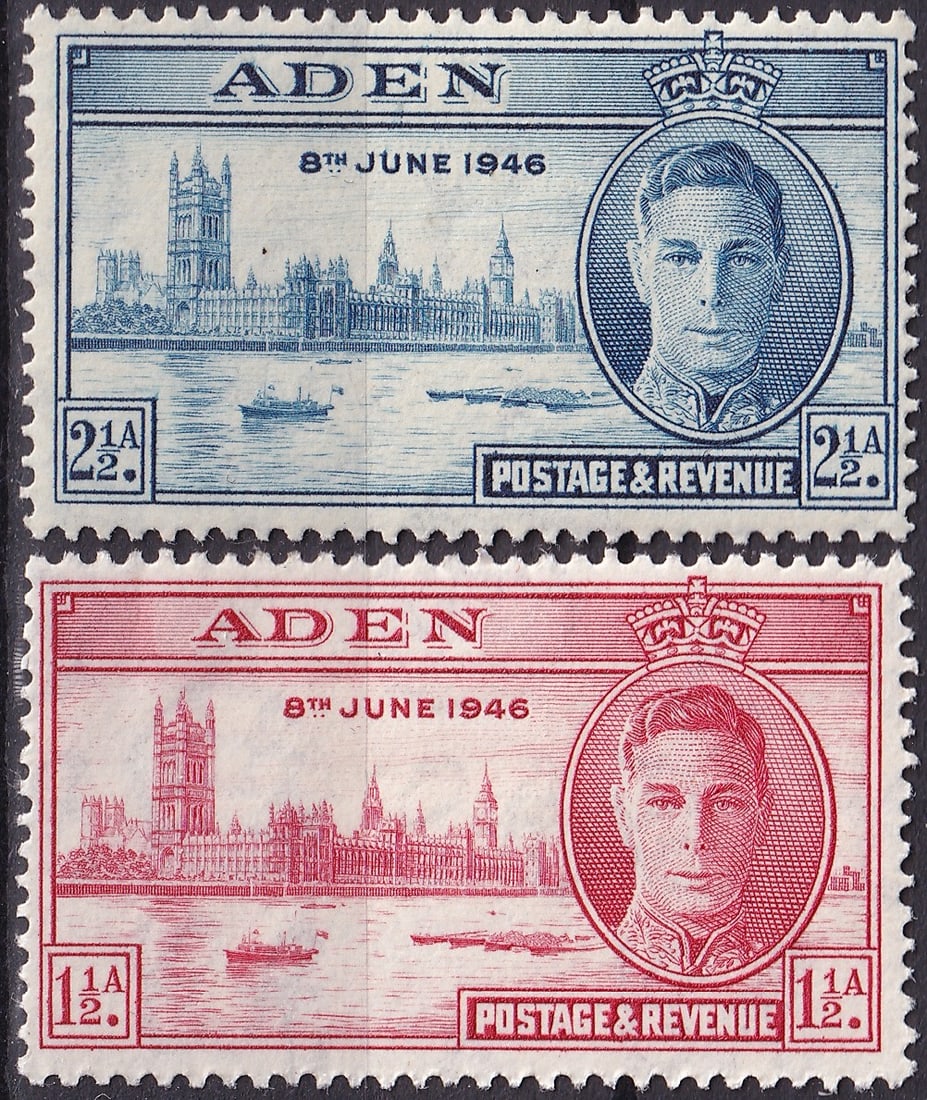Aden 1946 Victory Issue “Peace and Victory?? 1½A Carmine & 2½A Blue (SG: Issued on 15 October 1946, this striking commemorative pair from Aden marks the Allied victory and restoration of peace after the Second World War. Printed by De La Rue & Co. Ltd. in London, the stamp