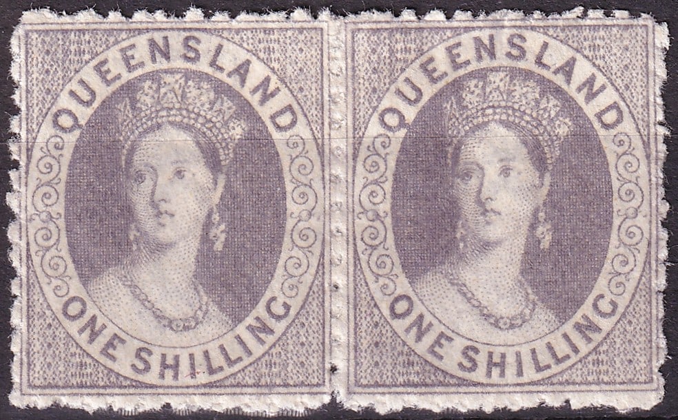 1867 British Queensland One Shilling Grey Scott 23 Mint Pair: An attractive mint pair from the classic colonial issues of Queensland, 1867, denomination One Shilling in grey, engraved printing on thick yellowish paper without watermark, perforation 12½ x 