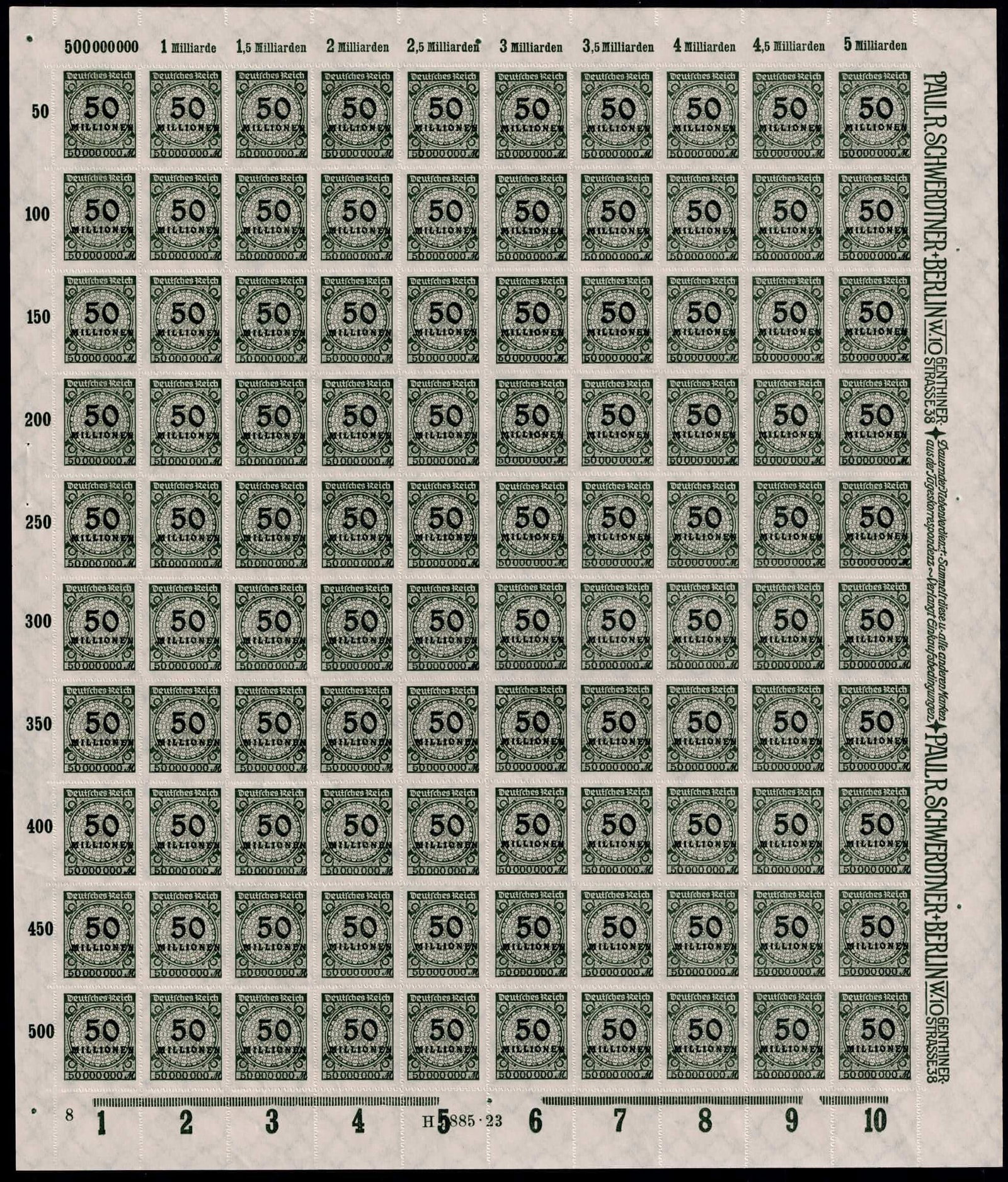 Post War 1923 German Reich Inflation Scott DE 303 Michel DR 321BP Full Sheet: This complete mint never hinged full sheet represents the dramatic late phase of the German hyperinflation period and was issued on 1 November 1923 by the German Reich. Catalogued as Michel DR 321BP S