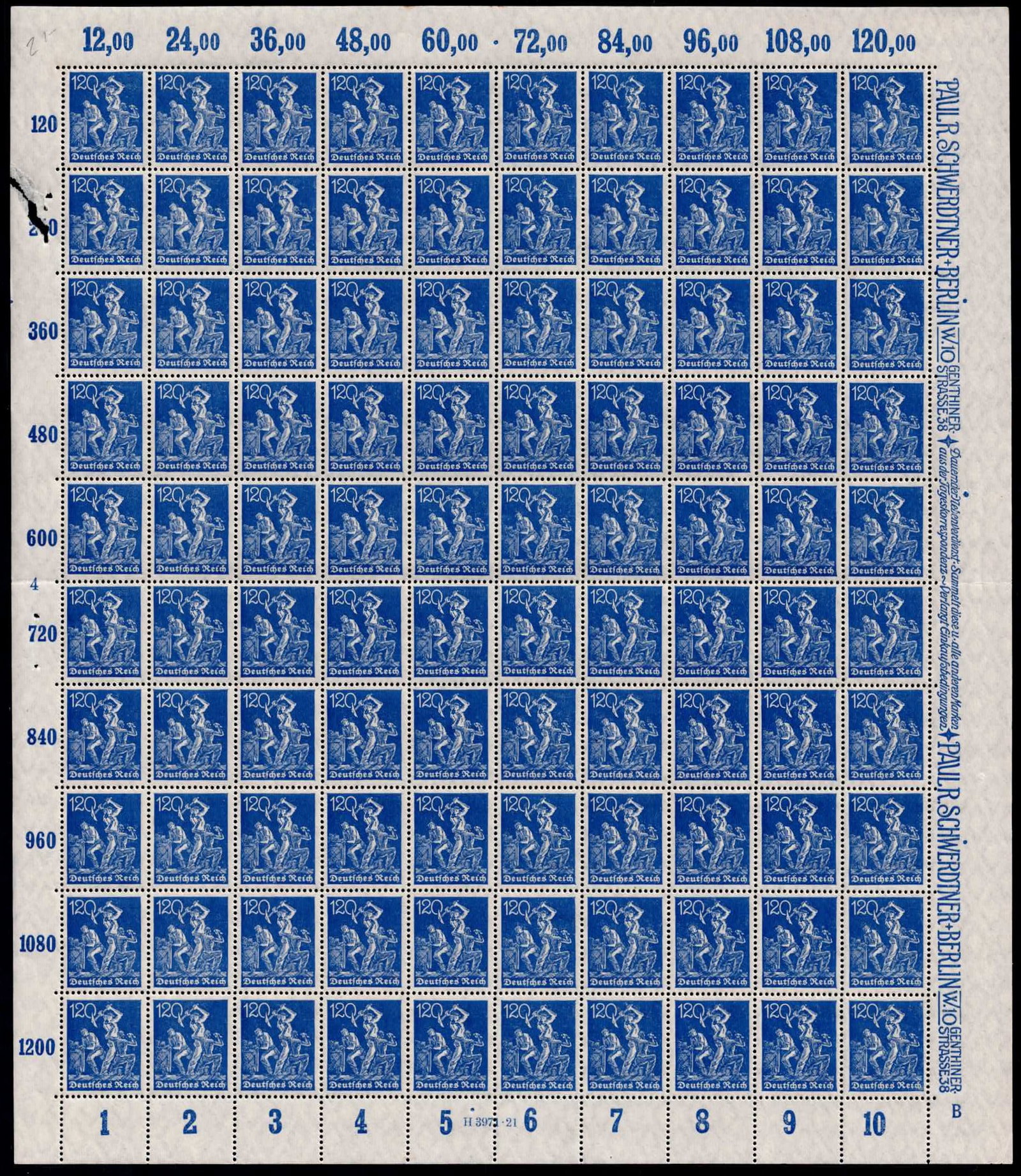 1922 German Reich Workers Issue 120 Pfennig Scott 284: This complete mint never hinged sheet originates from Germany and was issued in 1922 during the Weimar Republic period as part of the Definitives Numerals Workers and Posthorn series, produced in the 