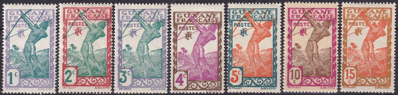 1929 French Guiana Local Motifs Archery Scott FR GY 109 115: This multi value group of definitive stamps from French Guiana was issued from 1929 onward as part of the Local Motifs series illustrating indigenous life and traditional practices within the French c