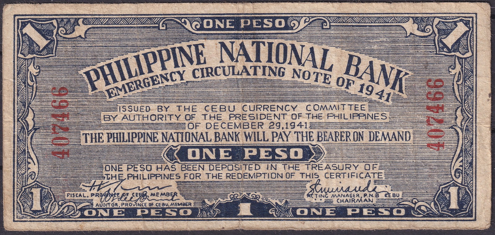 Philippines 1941 PNB Cebu One Peso Emergency Note P S658: This Philippines One Peso emergency circulating note issued in 1941 by the Philippine National Bank in Cebu represents an important wartime currency type created during the early stages of World War I