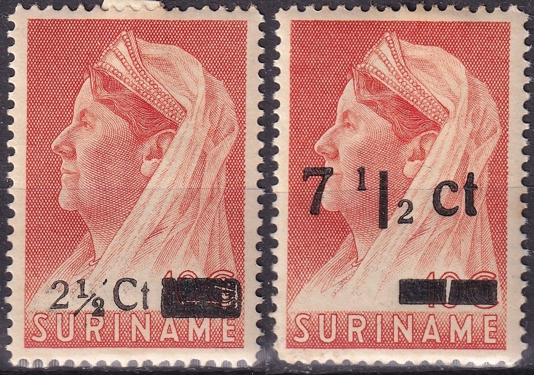 1945 1947 Suriname Overprint Definitives Scott 183 210 MH Pair: A highly interesting and visually striking pair of overprinted definitive issues from Suriname, originating from the mid-20th century colonial postal system under Dutch administration. This lot includ