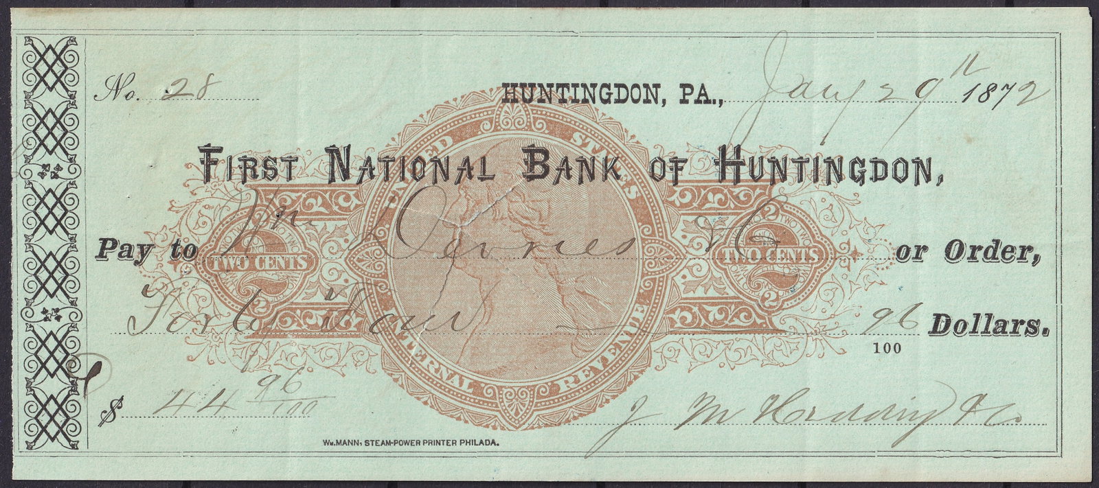 United States 1872 First National Bank of Huntingdon Check RN-C2 Brown Revenue Imprint: A beautifully preserved early 1870s check issued by the First National Bank of Huntingdon, Pennsylvania, dated January 29, 1872. Printed on light blue-green paper with a striking brown two-cent U.S. I