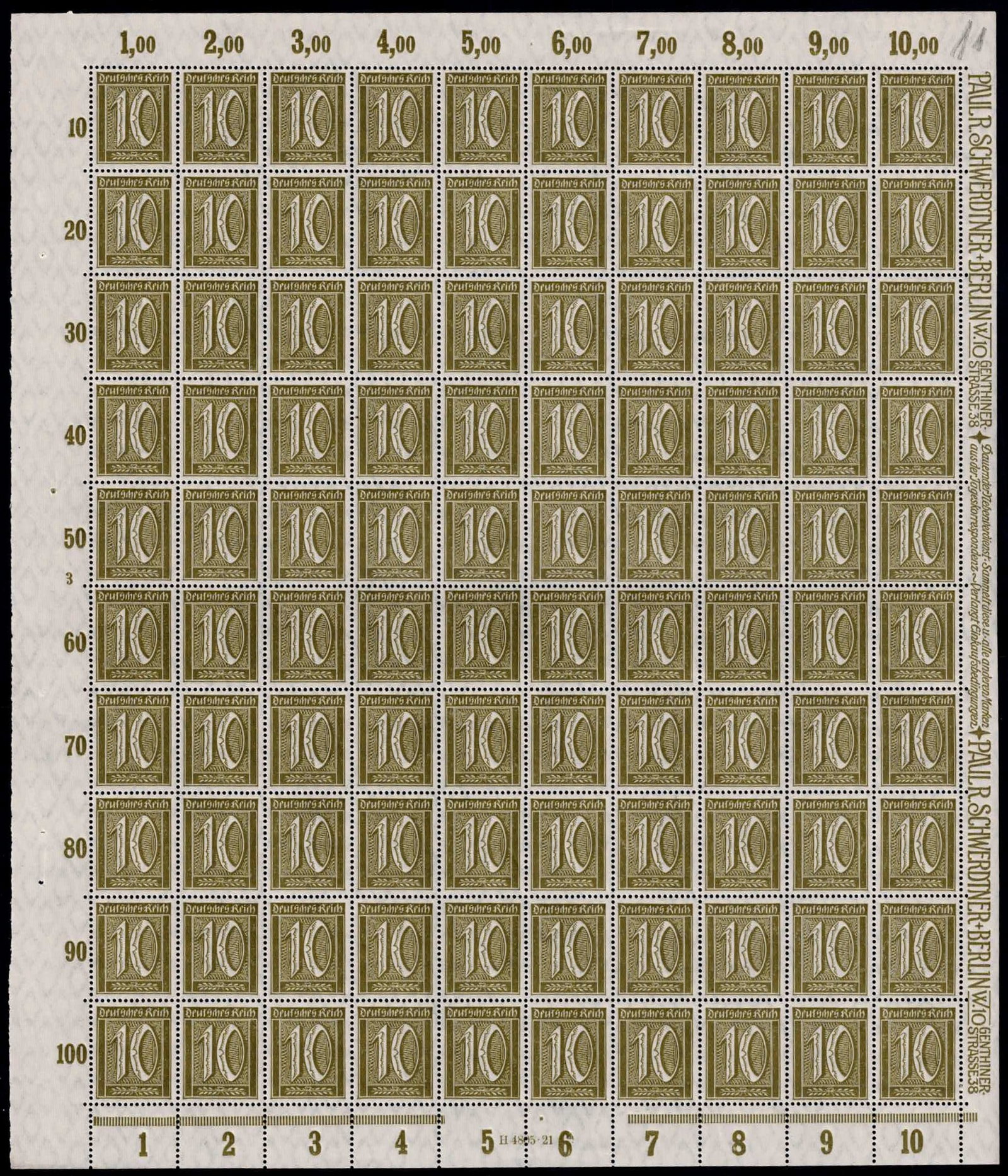 Post War 1923 German Reich 1922 Numeral 10 Pfennig Michel DR 178 Full Sheet: This complete mint never hinged full sheet of the 10 Pfennig numeral issue was released in February 1922 by the German Reich as part of the long-running Definitives series depicting numerals workers a