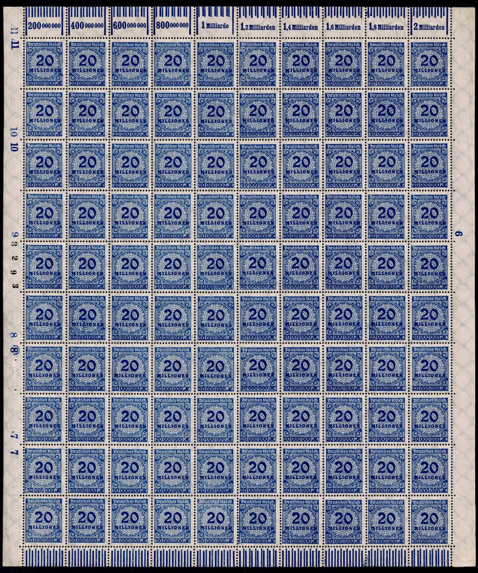 Post War 1923 German Reich Inflation 20 Million Mark Full Sheet Scott 287: This lot comprises a complete original mint sheet of the German Reich inflation issue of 1923 with the denomination 20,000,000 Mark, issued during the peak phase of the Weimar hyperinflation period. T