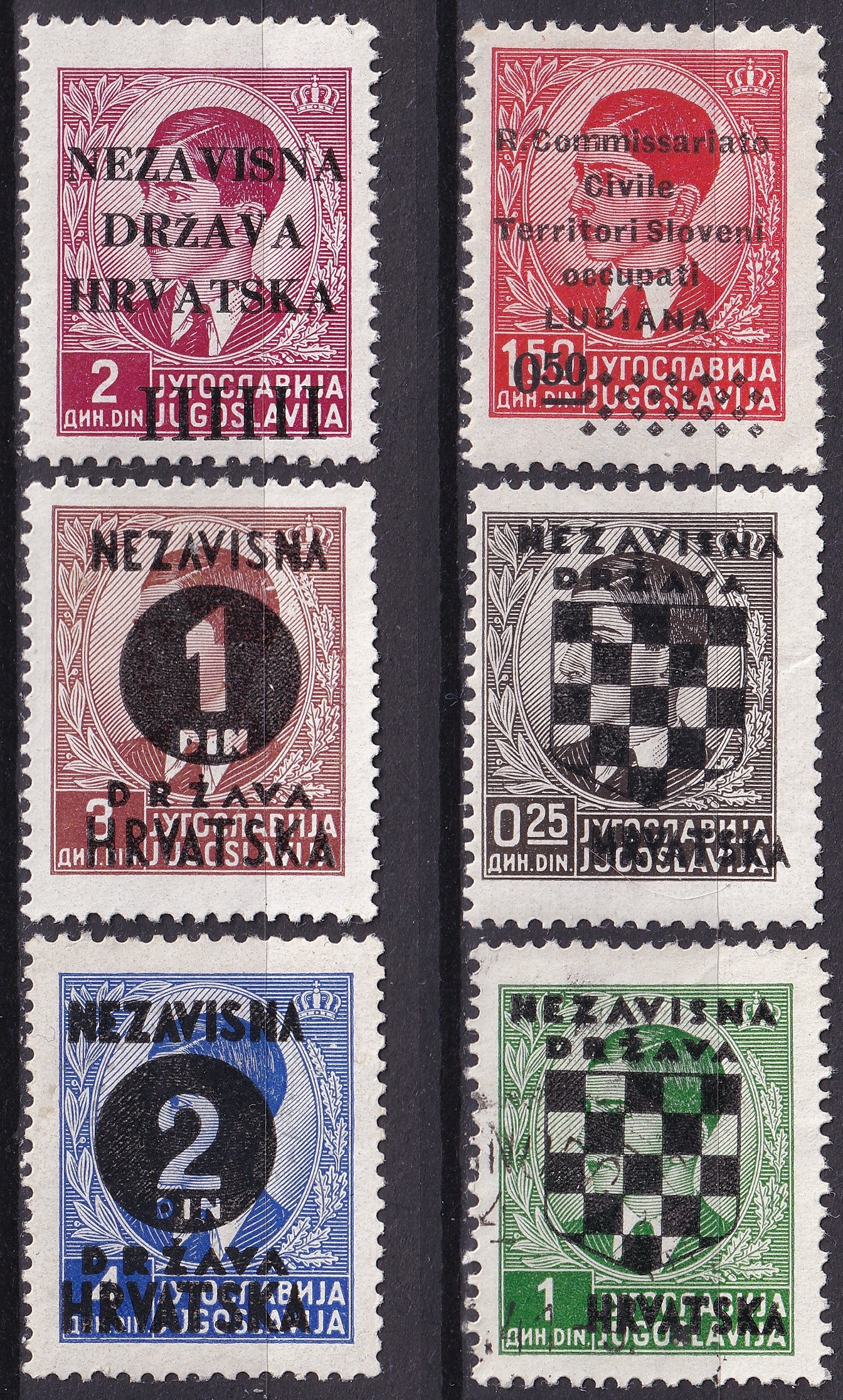 1941 Yugoslavia Croatia Italian Occupation MNH Provisional Issues Michel IT LU 22 HR 4 HR 9 HR 11 HR: This rare and historically significant mint never hinged group originates from the turbulent period of the Axis occupation of Yugoslavia during the Second World War and comprises provisional and occup