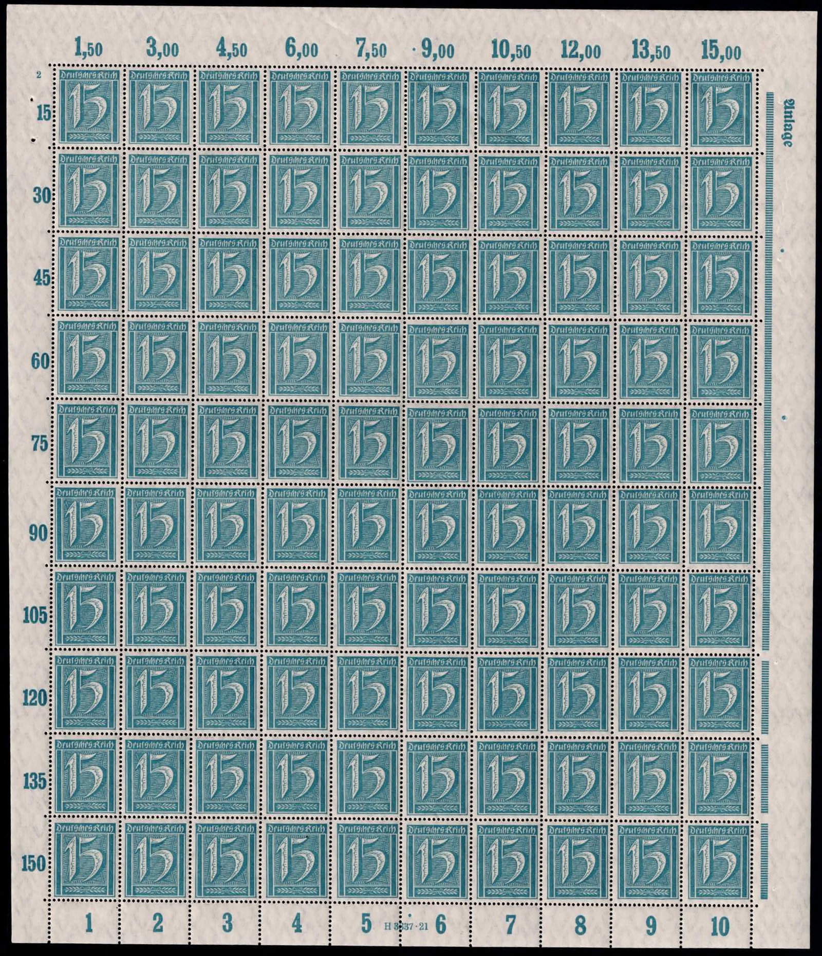 Full sheet 1922 German Reich Numeral 15 Pfennig Definitive Scott 163: Issued in May 1922 during the Weimar Republic period, this complete mint never hinged full sheet represents the 15 Pfennig value from the German Definitives Numerals Workers and Posthorn series, a cor