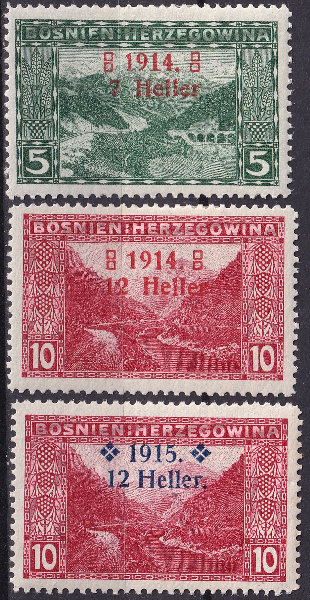 1914–1915 Bosnia and Herzegovina War Relief Landscapes Semi Postal Set: This complete early war period group originates from Bosnia and Herzegovina under Austro-Hungarian administration and belongs to the optional war and semi-postal landscape issues of 1914 and 1915. The