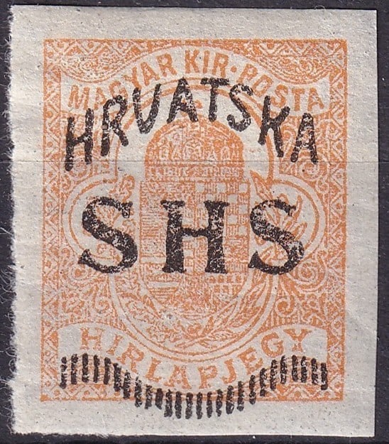 WWI 1918 Slovenia Croatia SHS Overprint 2f Orange Imperf Scott 1L: This stamp originates from the turbulent closing months of 1918 and represents the provisional Issue for Croatia produced during the collapse of the Austro Hungarian Empire and the emergence of the Ki