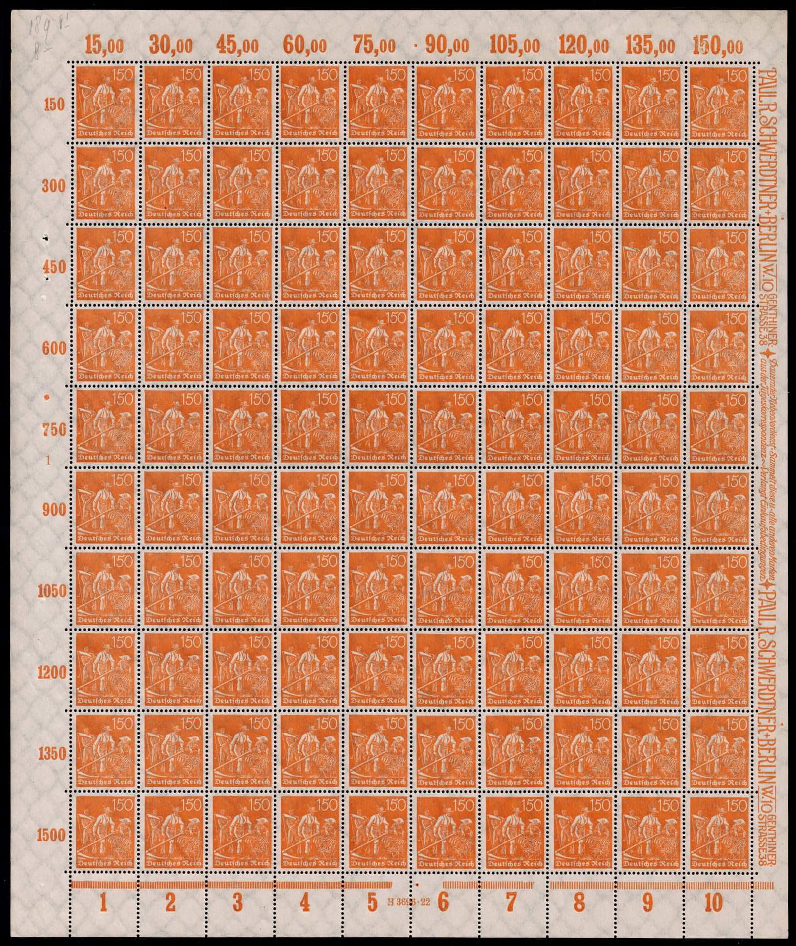 1921 German Reich Agriculture Definitive 150 Pfennig Scott 144: This complete mint never hinged full sheet originates from Germany and was issued in October 1921 during the Weimar Republic period as part of the Definitives Numerals Workers and Posthorn series, a d