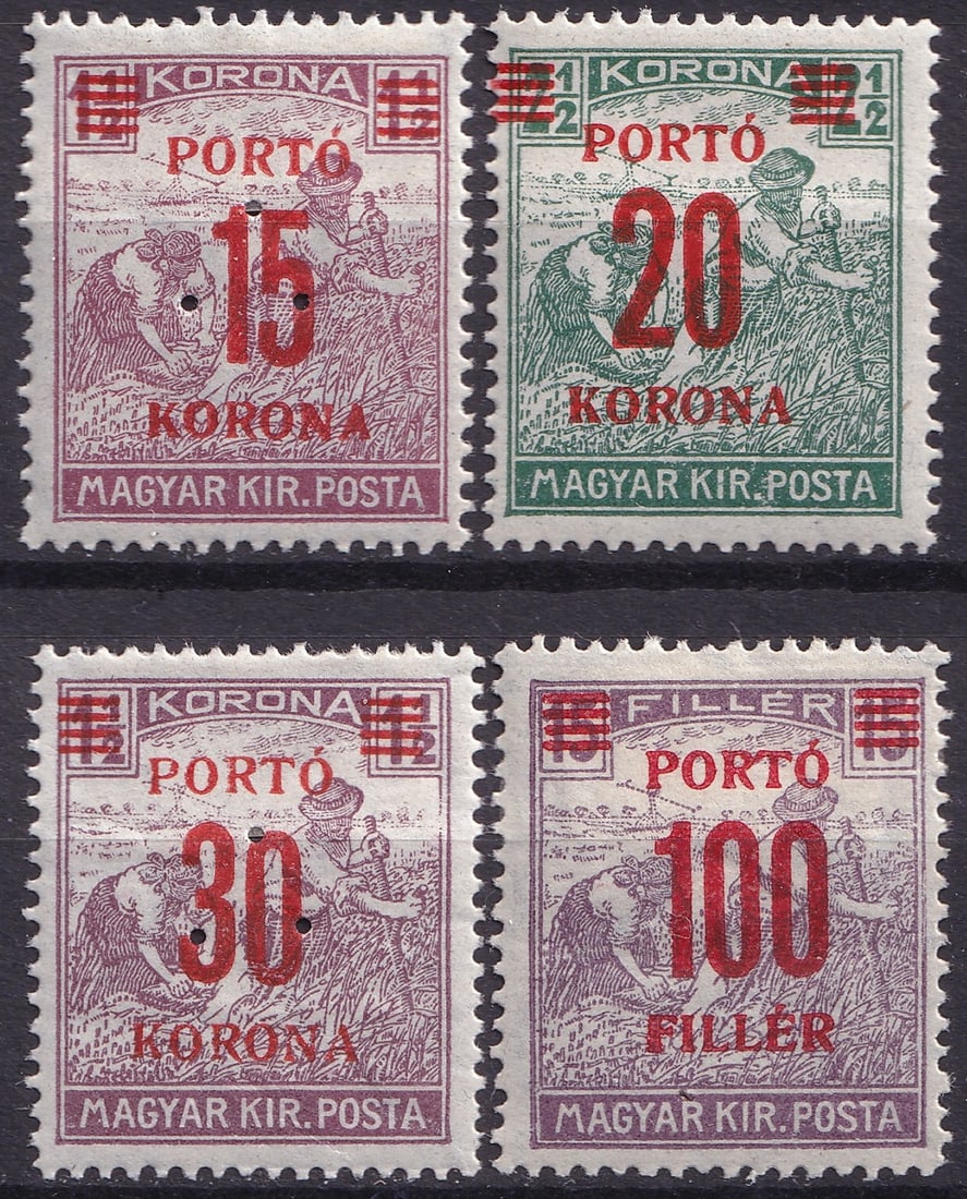 Post War 1922 Hungary Postage Due Reaper Set Scott HU J76 J85 J87: This historically significant group represents Hungarian postage due issues from the early postwar inflation period, issued between 1921 and 1923 during a time of severe monetary instability and posta