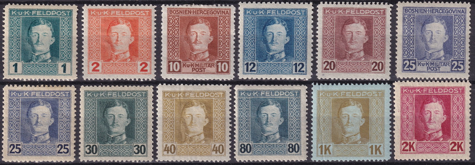 1917 Austria Hungary Feldpost WWI Military Set Scott AT M49a to M82: This rare and extensive group represents the Austro Hungarian Feldpost military issues of 1917 and 1918 produced for wartime postal service across the empire and occupied territories during the final 
