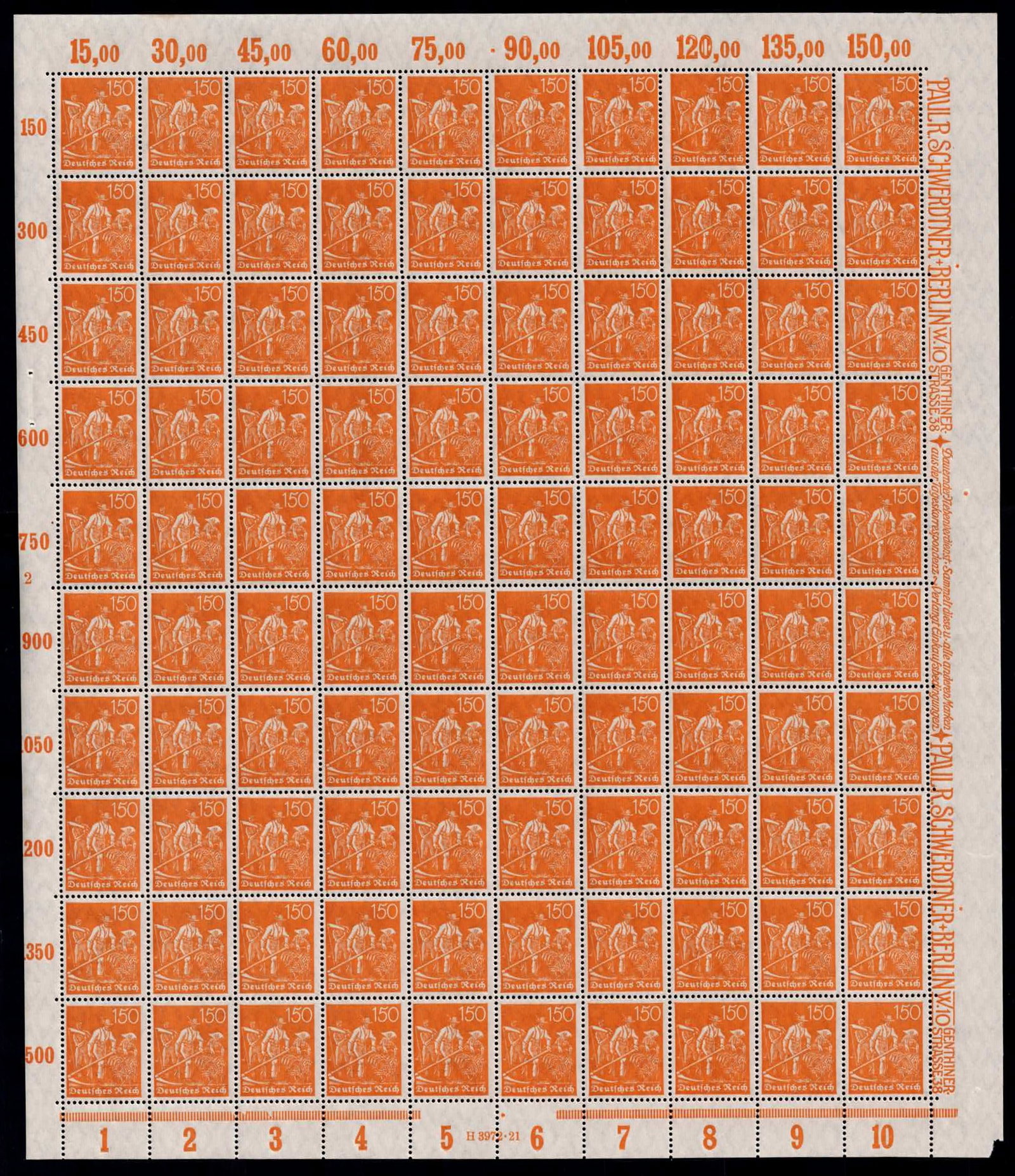 Post War 1921 German Reich Definitive 150 Pfennig Full Sheet MNH Michel DR 169: This complete mint never hinged full sheet of the German Reich definitive issue represents the 150 Pfennig denomination from the Numerals, Workers, and Posthorn series, issued in October 1921 during t