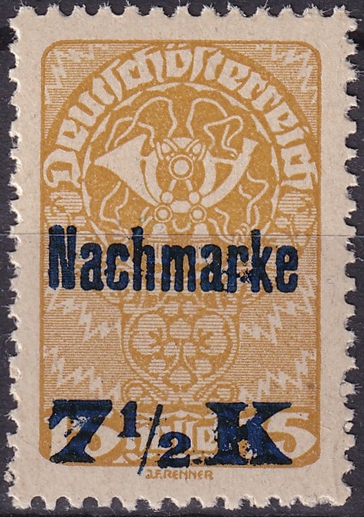 Post War 1921 Austria Postage Due Nachmarke Scott AT J102 7 half Kronen: This mint example represents the Austrian postage due issue released in December 1921 during the turbulent post First World War monetary period marked by inflation and postal reform. The stamp is a Na
