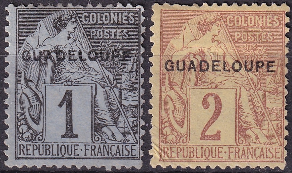 1891 Portuguese colonial Guadeloupe Type Alphe Dubois Values 1c 2c Scott 14–15: Issued on 5 August 1891 for the French colony of Guadeloupe, this matched pair belongs to the classic Type Alphe Dubois definitive series, one of the most important allegorical designs used throughout