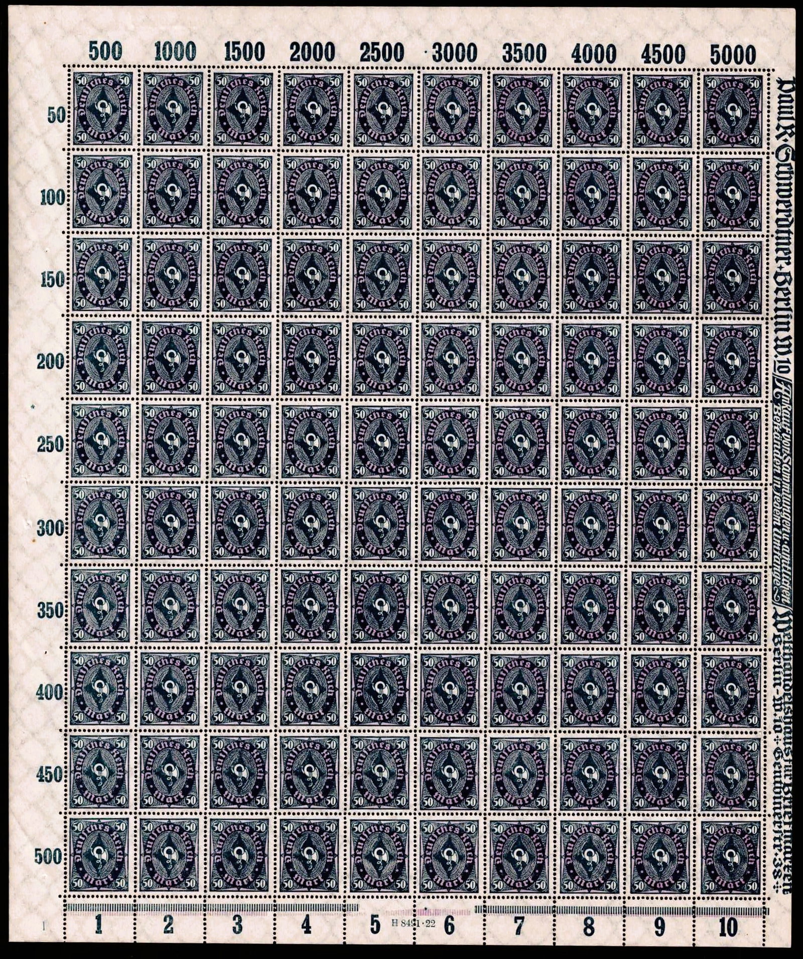 1922 German Reich Posthorn Definitive 50 Mark Scott 192: This complete mint never hinged full sheet was issued in Germany in December 1922 during the Weimar Republic period as part of the Definitives Numerals Workers and Posthorn series, a cornerstone issue