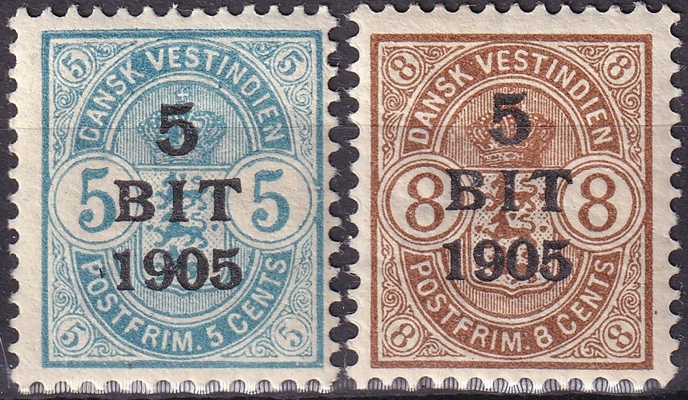 1905 Danish West Indies OVP Scott 41-42 Surcharge Issue MNH Colonial Set: This attractive Mint Never Hinged colonial issue from the Danish West Indies represents the scarce 1905 provisional surcharge series produced during the final decades of Danish administration in the C