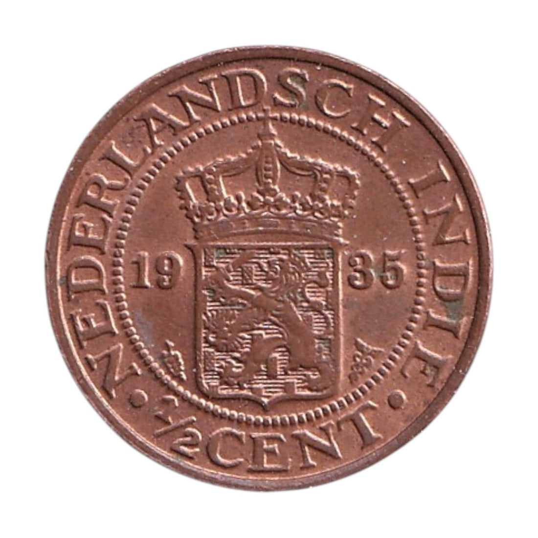 1935 Netherlands East Indies KM314.2 Half Cent Bronze Colonial Coin: This attractive bronze Half Cent from the Netherlands East Indies represents one of the final small denomination colonial coin issues struck for circulation in the Dutch East Indies prior to the uphea