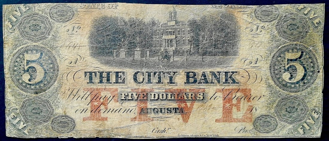 1854 Georgia Augusta The City Bank 5 Dollar Obsolete Banknote: This scarce mid-19th century American obsolete banknote was issued by The City Bank of Augusta, Georgia, during the turbulent antebellum period when hundreds of state-chartered banks produced their ow