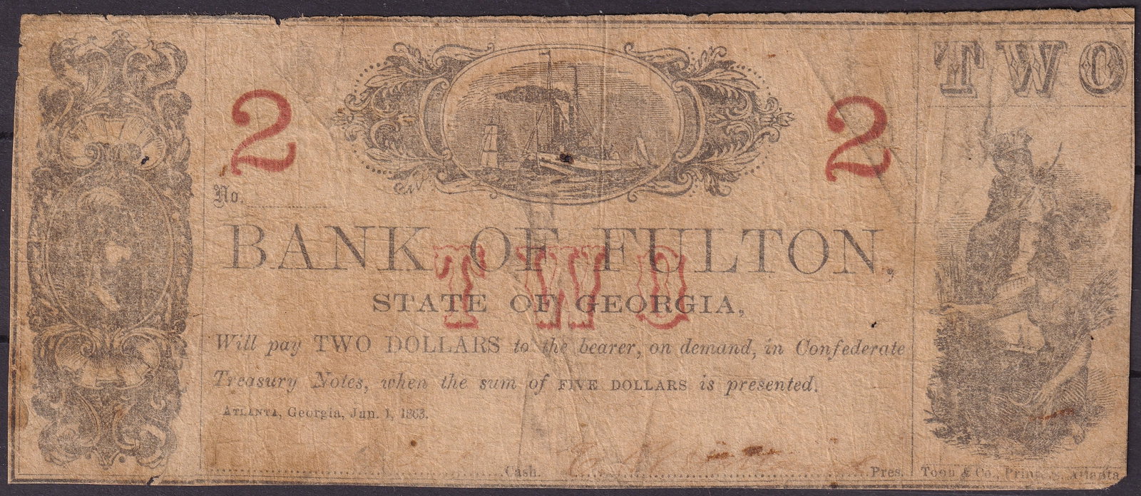 1863 Georgia Bank of Fulton $2 Confederate Era Obsolete Note: This historic Confederate-era obsolete banknote was issued by the Bank of Fulton, State of Georgia, and dated January 1, 1863, during the height of the American Civil War. Printed in Atlanta, Georgia,