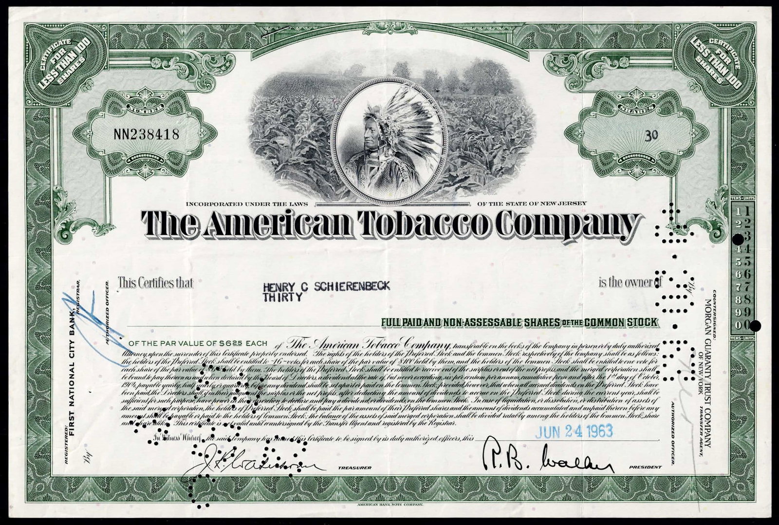 1963 The American Tobacco Company 30 Shares Stock Certificate (1 of 2)