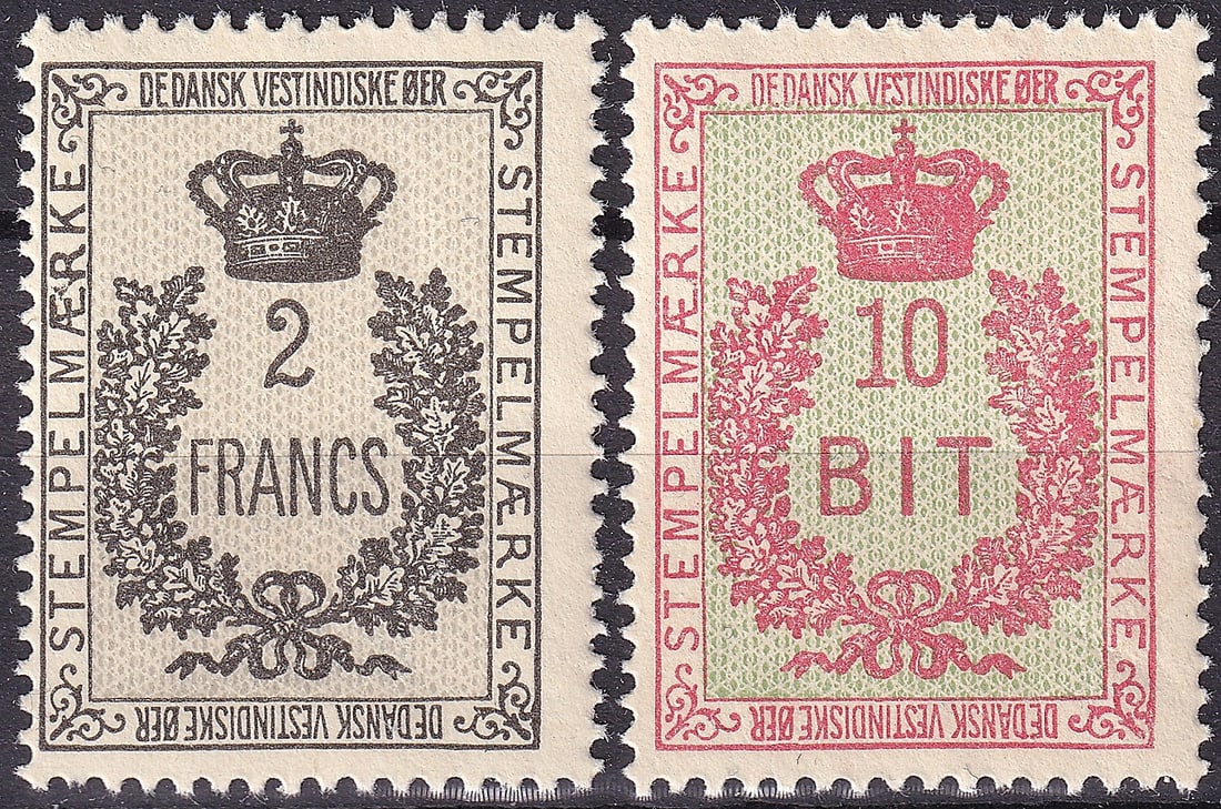 1907 Danish West Indies Revenue Stamps Scott R1 R4 Crown Issue MNH: Rare mint never hinged revenue stamp pair from the Danish West Indies, issued in 1907 during the final decade of Danish colonial administration in the Caribbean prior to the transfer of the islands to