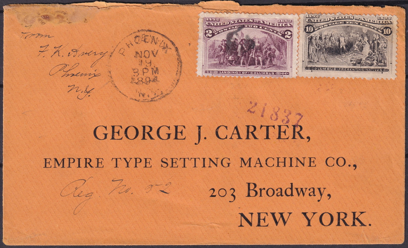 1894 USA Scott 231 237 Columbian Exposition Cover Broadway, New York (1 of 2)