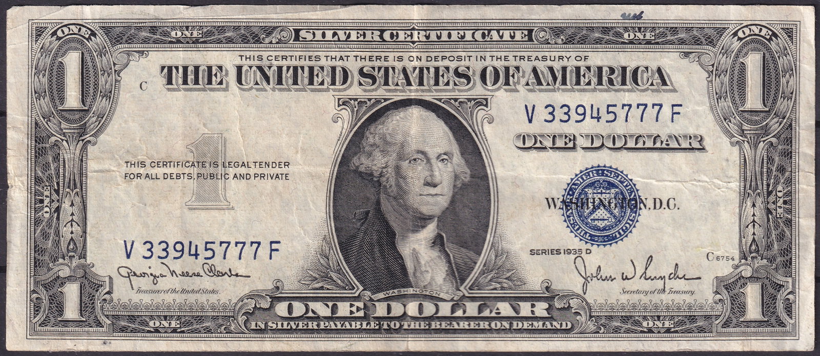 1935D USA One Dollar Silver Certificate V33945777F (1 of 2)