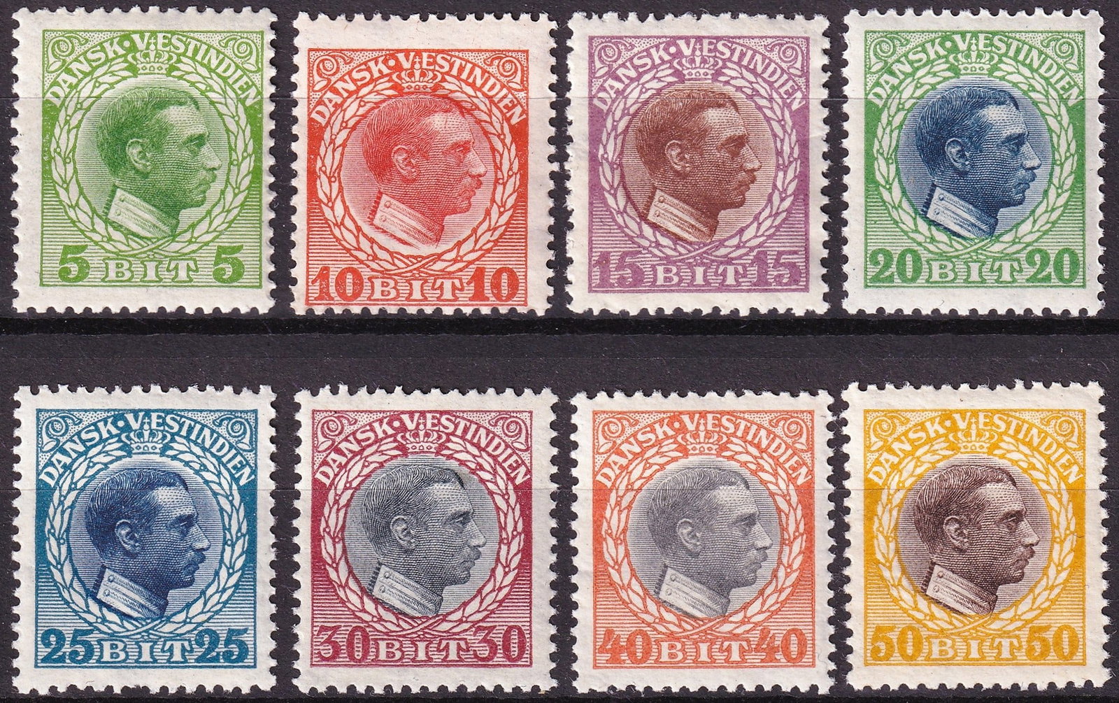 1915 Danish West Indies SG 68-75 Christian X Complete Colonial Set: Complete Danish West Indies colonial definitive set issued between 1915 and 1916 featuring King Christian X, the last reigning Danish monarch represented on stamps of this historic Caribbean colony be